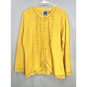 Storybook Knits Button Front Cardigan Sweater Sz S Yellow Sequin Grandma Teacher